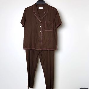 Susan Graver Brown Button up Short Sleeve 2 piece set Size-Med